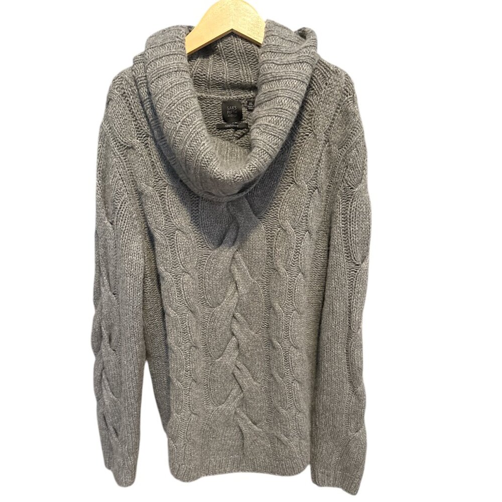 Saks Fifth Avenue Gray Cashmere Cable Knit Cowl Neck Sweater • XL
